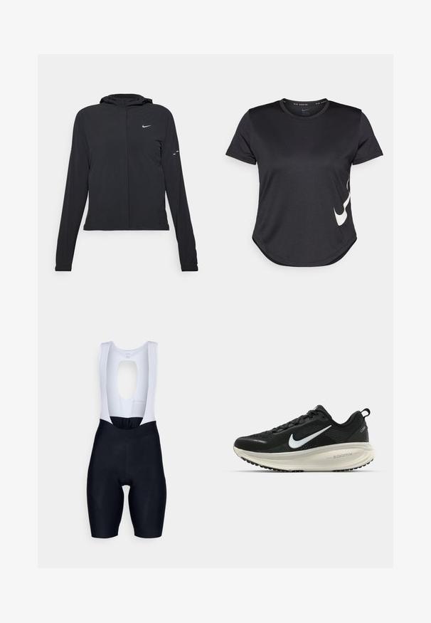 Juodas gobtuvas striukė su ilgomis rankovėmis, pagaminta iš lengvo audinio. Pasižymi priekiniais užtrauktukais, Nike logotipu ir subtiliais dizaino akcentais.; Juodas sportinis marškinėliai su trumpomis rankovėmis, ant apatinės dalies turintys baltą Nike swoosh logotipą ir apvalų galą.; Rapha WOMENS CORE - Dviratininko šortai - black/white; Juodas Nike sportinis batelis su kvėpuojančiu tinklu, baltu swoosh logotipu, tekstūruoto dizaino detalėmis ir grietinėlės spalvos ZoomX viduriu.