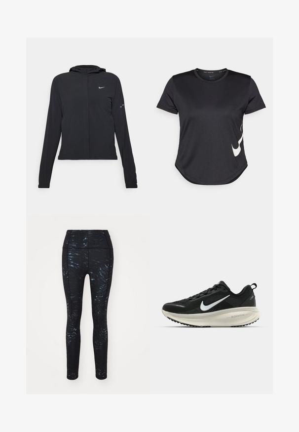 Casaco preto com capuz e mangas longas, feito de material leve. Apresenta um fecho dourado na frente, um logótipo da Nike e detalhes de design subtis.; T-shirt atlético preto de mangas curtas, com o logótipo swoosh em branco da Nike na parte inferior e uma barra arredondada.; Leggings pretos com um padrão texturizado em ondas azul-escuras. Feitos de um material elástico, com uma cintura alta e um design ajustado.; Sapatilha de corrida Nike preta com parte superior de malha respirável, logotipo Swoosh branco, detalhes texturizados e uma entressola ZoomX na cor creme.