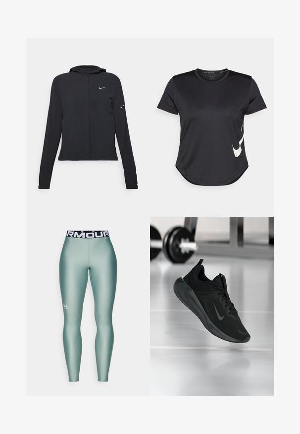 Casaco preto com capuz e mangas longas, feito de material leve. Apresenta um fecho dourado na frente, um logótipo da Nike e detalhes de design subtis.; T-shirt atlético preto de mangas curtas, com o logótipo swoosh em branco da Nike na parte inferior e uma barra arredondada.; Leggings atléticos verdes com um acabamento suave e brilhante. Apresentam uma cintura elástica em preto e branco com marca e um pequeno logótipo próximo à bainha.; Sapatilha desportiva preta com o logotipo da Nike, mostrada em pleno ar sobre o chão do ginásio, com um suporte de halteres desfocado ao fundo.