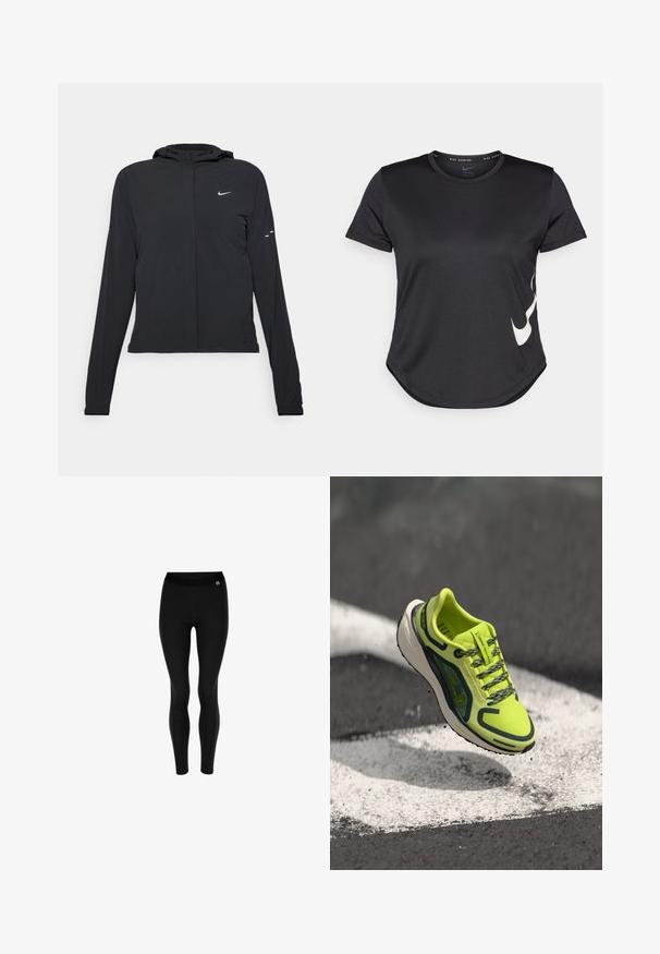 Mustassa hupparissa on pitkät hihat, ja se on valmistettu kevyestä materiaalista. Siinä on edessä vetoketju, Nike-logo ja hillityt muotoiluyksityiskohdat.; Musta urheilupaita, jossa on lyhyet hihat, ja jossa on valkoinen Nike-swoosh-logo alareunassa sekä pyöristetty helma.; Mustat legginsit joustavasta kankaasta, joissa korkea vyötärö ja sileä pinta. Ei kuvioita; yksinkertainen ja vartalonmyötäinen muotoilu.; Neon keltainen juoksukenkä, jossa on hengittävä verkkomateriaali, erottuvat tummat yksityiskohdat, teksturoitu nauhoitus ja pehmustettu valkoinen välikerros.