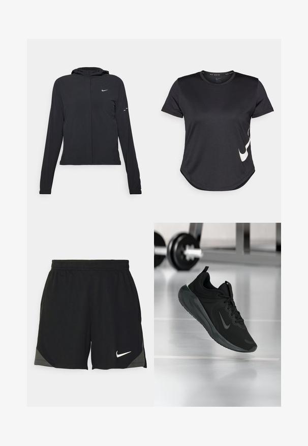 Zwarte kaptrui met lange mouwen, gemaakt van lichtgewicht materiaal. Voorzien van een ritssluiting aan de voorkant, een Nike-logo en subtiele ontwerpelementen.; Zwarte sportieve T-shirt met korte mouwen, voorzien van een witte Nike swoosh-logo aan de onderzijde en een ronde zoom.; Zwarte sportshorts van lichtgewicht stof, met een gestructureerd patroon, elastische tailleband en een wit Nike-logo op de zoom.; Zwarte sportsneaker met Nike-logo, weergegeven in de lucht boven de gymvloer, met een vervaagde halterrek op de achtergrond.