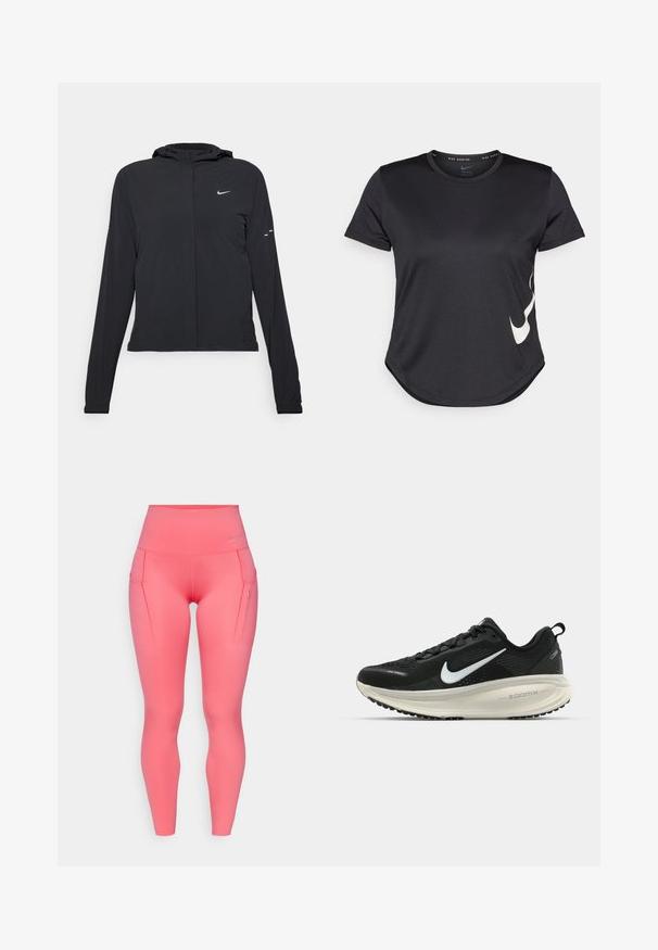 Melnā kapuci jaka ar garām piedurknēm, izgatavota no viegla materiāla. Tam ir priekšējais rāvējslēdzis, Nike logo un smalki dizaina akcenti.; Melnas sporta T-krekls ar īsām piedurknēm, kuram uz apakšējās daļas ir balts Nike swoosh logotips un noapaļota apakšmala.; Augsta vidukļa rozā legingi ar gludu tekstūru, piedāvājot divas sānu kabatas un nelielu logo akcentu netālu no vidukļa.; Melnas Nike skriešanas kurpes ar elpojošu acs augšdaļu, baltu Swoosh logotipu, strukturētu apdari un krēmkrāsas ZoomX starpsole.