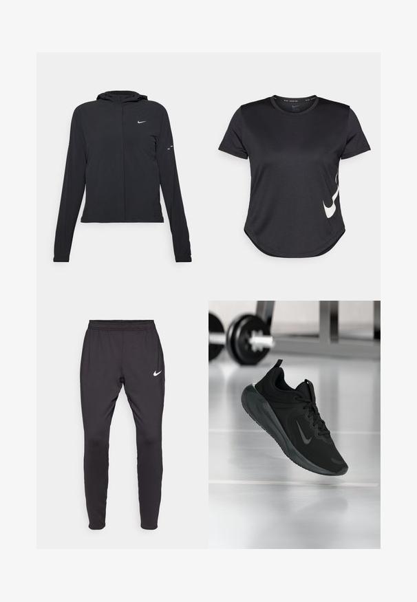 Casaco preto com capuz e mangas longas, feito de material leve. Apresenta um fecho dourado na frente, um logótipo da Nike e detalhes de design subtis.; T-shirt atlético preto de mangas curtas, com o logótipo swoosh em branco da Nike na parte inferior e uma barra arredondada.; Calças de desporto Nike pretas com um ajuste justo, cintura elástica e logotipo branco na coxa esquerda. Tecido suave e elástico.; Sapatilha desportiva preta com o logotipo da Nike, mostrada em pleno ar sobre o chão do ginásio, com um suporte de halteres desfocado ao fundo.