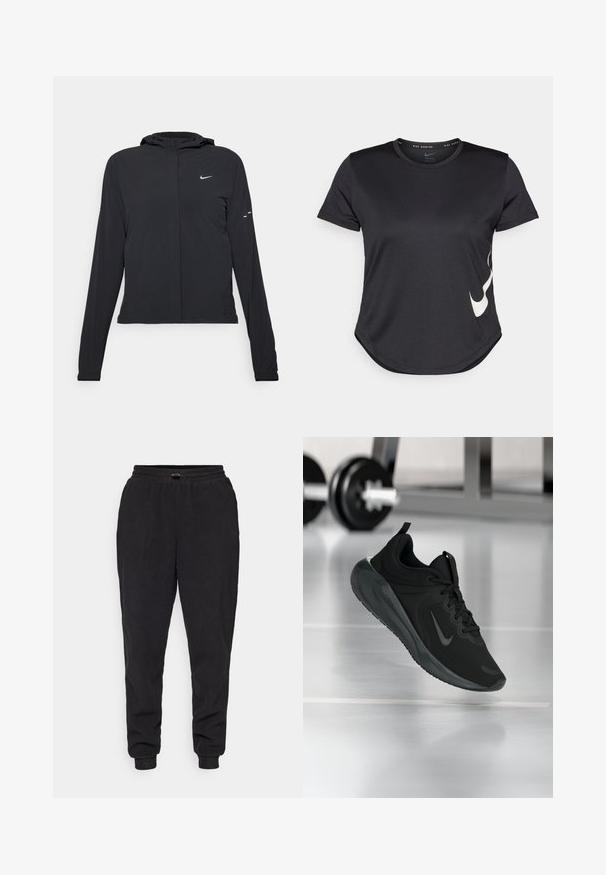 Črna kapuča s dolgimi rokavi, izdelana iz lahkega materiala. Ima sprednji zadrgo, logotip Nike in subtilne oblikovne detajle.; Črna atletska majica s kratkimi rokavi, z belim Nike swoosh logotipom na spodnji strani in okroglo obrobo.; Črne trenirke iz mehkega blaga, zasnovane v sproščenem kroju, z elastičnim pasom in nastavljivo vrvico, ter z zavitimi gležnji.; Črne športne teniske z logotipom Nike, prikazane v zraku na telovadni talni površini, v ozadju pa zamegljena vrsta uteži.
