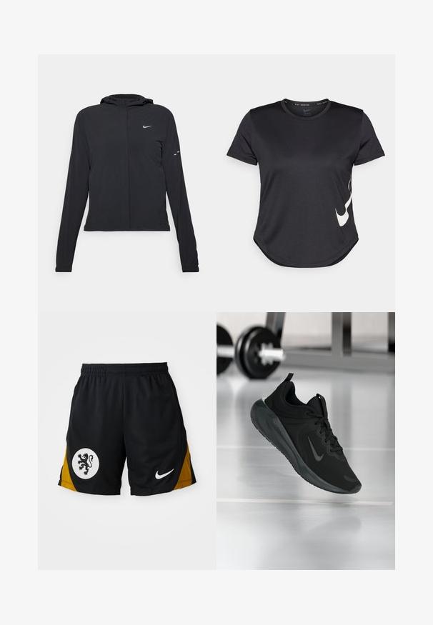 Jachetă neagră cu glugă, cu mâneci lungi, fabricată din material ușor. Dispune de un fermoar frontal, un logo Nike și accente de design subtile.; Tricou sport negru cu mâneci scurte, având un logo alb Nike swoosh pe partea inferioară și o margine rotunjită.; Șorturi atletice negre cu un panou de accent galben, un emblema circulară albă cu un leu negru și un logo alb Nike pe tiv.; Tenisii sport negru cu logo-ul Nike, arătați în aer deasupra podelei de sală de sport, cu un suport pentru haltere neclar în fundal.
