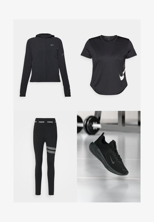 Veste à capuche noire avec des manches longues, fabriquée en matériau léger. Elle comporte une fermeture éclair à l'avant, un logo Nike et des accents de design subtils.; T-shirt de sport noir à manches courtes, arborant un logo Nike swoosh blanc sur le bas et un ourlet arrondi.; Stronger SHARP - Leggings - black; Baskets de sport noires avec le logo Nike, montrées en l'air au-dessus d'un sol de gym, avec un rack de haltères flou en arrière-plan.