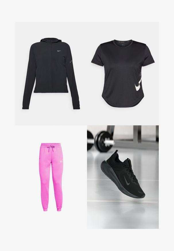 Zwarte kaptrui met lange mouwen, gemaakt van lichtgewicht materiaal. Voorzien van een ritssluiting aan de voorkant, een Nike-logo en subtiele ontwerpelementen.; Zwarte sportieve T-shirt met korte mouwen, voorzien van een witte Nike swoosh-logo aan de onderzijde en een ronde zoom.; Roze fleece joggers met een elastische tailleband en aantrekkoord. Voorzien van zijzakken en een wit Under Armour-logo op de linkerdij.; Zwarte sportsneaker met Nike-logo, weergegeven in de lucht boven de gymvloer, met een vervaagde halterrek op de achtergrond.