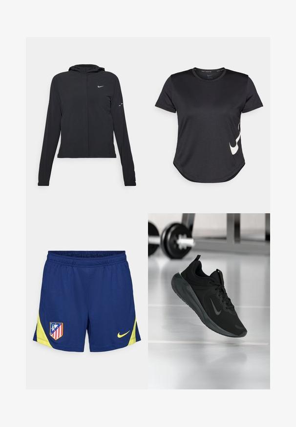 Must musta kapuutsiga jakk, millel on pikad varrukad ja mis on valmistatud kergetest materjalidest. Omab esitaskut, Nike logo ja kergelt silmatorkavaid disainiaktsente.; Must värvi sportlik t-särk lühikeste varrukatega, millel on alumises servas valge Nike'i logo ja ümar äär.; Tumesinised sportlikud lühikesed püksid, millel on kollased aktsendid, elastne vöökoht ja külgmised sisendid. Vasakul reiel broderitud klubi logo.; Mustad mustang spordijalatsid Nike logo'ga, õhus spordisaali põrandal, häguste hantlite riiulitega taustal.