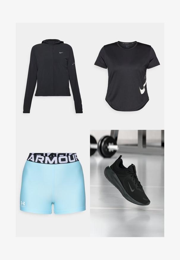 Juodas gobtuvas striukė su ilgomis rankovėmis, pagaminta iš lengvo audinio. Pasižymi priekiniais užtrauktukais, Nike logotipu ir subtiliais dizaino akcentais.; Juodas sportinis marškinėliai su trumpomis rankovėmis, ant apatinės dalies turintys baltą Nike swoosh logotipą ir apvalų galą.; Šviesiai mėlyni sportiniai šortai su juodu juosmeniu, ant kurio yra balti „ARMOUR“ užrašai. Medžiaga atrodo lygi, su prigludusia forma. Rodyklas „Under Armour“.; Juodas sportinis sportbačiai su Nike logotipu, pavaizduoti ore virš sporto salės grindų, fone išblurinta hantelių laikiklis.