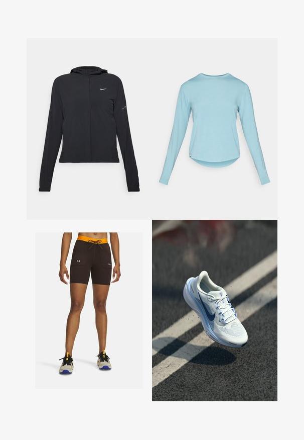 Black hooded jacket with long sleeves, made from lightweight material. Features a front zipper, a Nike logo, and subtle design accents.; Light blue long-sleeve crew neck shirt with a slightly curved hem, displayed flat against a white background.; Brown athletic shorts with an orange elastic waistband and drawstring, featuring two side pockets and logo accents on the front.; White athletic shoe with breathable mesh upper and blue accents. Features a cushioned sole and flat laces. Midsole displays "Air Zoom" branding.