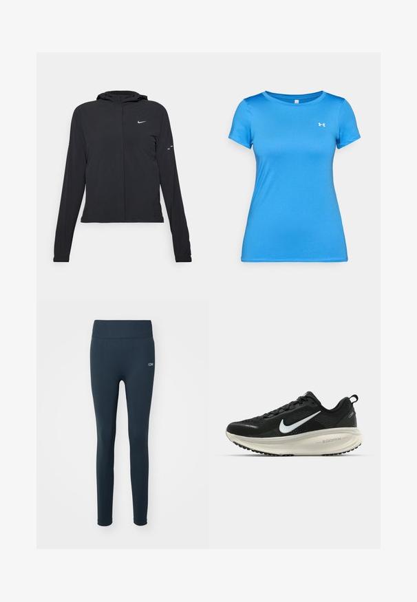 Casaco preto com capuz e mangas longas, feito de material leve. Apresenta um fecho dourado na frente, um logótipo da Nike e detalhes de design subtis.; Camisola atlética azul de mangas curtas com gola redonda e pequeno logótipo branco da Under Armour no peito.; Leggings azul-marinho feitos de tecido elástico, com uma cintura alta, textura suave e um pequeno logótipo branco na lateral.; Sapatilha de corrida Nike preta com parte superior de malha respirável, logotipo Swoosh branco, detalhes texturizados e uma entressola ZoomX na cor creme.