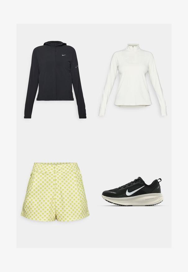Mustassa hupparissa on pitkät hihat, ja se on valmistettu kevyestä materiaalista. Siinä on edessä vetoketju, Nike-logo ja hillityt muotoiluyksityiskohdat.; Valkoinen pitkähihainen urheiluhaalari, jossa on korkea kaulus ja etupuolella neljännesvetoketju. Takissa on hillitty logo vasemmalla rintakehällä ja peukalotaskut hihoissa.; Vihreät kuviolliset shortsit, joissa on ruudullinen kuvio, keskikorkealla vyötäröllä, kaksi etutaskua ja pehmeä puuvillakangas.; Mustat Nike-juoksukengät, joissa on hengittävä verkko-osa, valkoinen swoosh-logo, teksturoitu yksityiskohtaus ja kermaisen värinen ZoomX-välipohja.