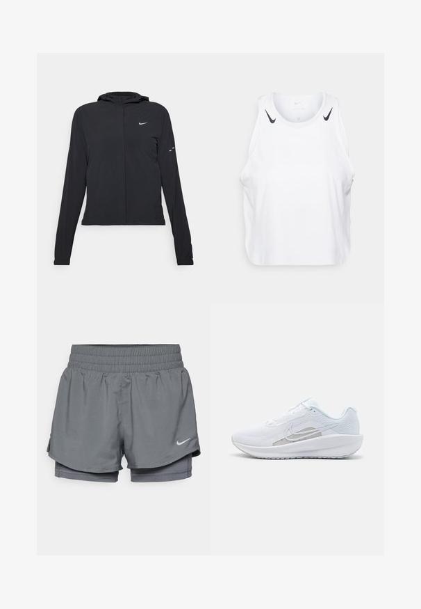 Crna jakna s kapuljačom i dugim rukavima, izrađena od laganog materijala. Ima prednji patentni zatvarač, Nike logo i suptilne dizajnerske detalje.; Bjela majica bez rukava napravljena od lagane tkanine, sa crnim Nike logotipom na ramenima, okruglim izrezom i ležernim krojem.; Nike Performance ONE - Kratke hlače 2-u-1 - iron grey/reflective silver; Bijela atletska cipela s mrežastom gornjom površinom, zaobljenim nožnim prstom i teksturiranim potplatom. Sadrži srebrni Nike swoosh i minimalistički dizajn.