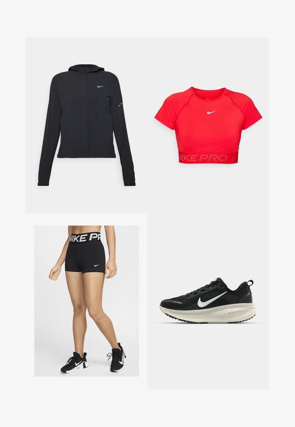 Czarna kurtka z kapturem, z długimi rękawami, wykonana z lekkiego materiału. Posiada zamek błyskawiczny z przodu, logo Nike oraz subtelne akcenty wzornicze.; Czerwony, krótki top sportowy z krótkimi rękawami, wykonany z elastycznego materiału. Posiada białe logo Nike oraz teksturowany pas z napisem "NIKE PRO".; Czarne sportowe szorty z szerokim pasem z napisem "NIKE PRO" w białym kolorze. Na boku widoczny jest mały biały logo swoosh Nike.; Czarna biegowa półbut z oddychającej siateczki, białym logo swoosh, teksturowanymi detalami oraz kremową podeszwą środkową ZoomX.