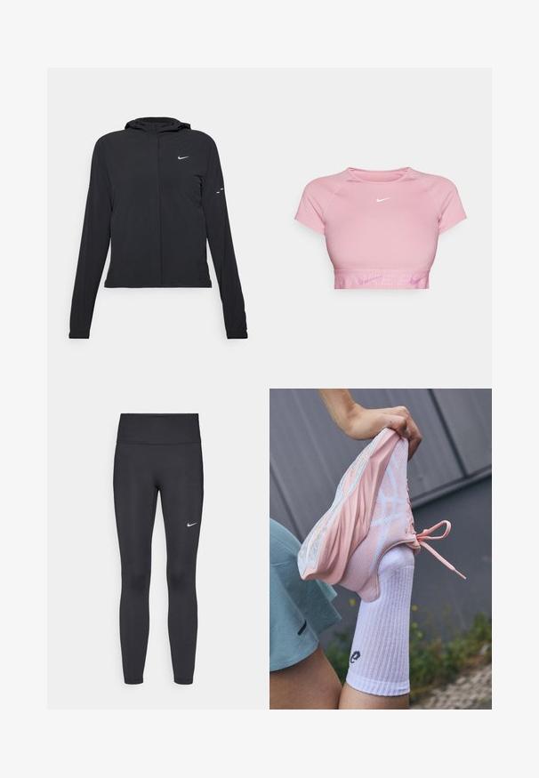 Fekete kapucnis dzseki hosszú ujjakkal, könnyű anyagból készült. Elülső cipzárral, Nike logóval és diszkrét dizájn elemekkel rendelkezik.; Rövid rózsaszín crop top rövid ujjal, bordás szegéllyel és fehér Nike logóval a mellkasán. Sima anyag, testhezálló fazon.; Fekete leggings elasztikus anyagból, magas derékkal és fehér Nike logóval a bal combon. Simább textúra, testhez álló kialakítás.; Rózsaszín sportcipő hálós és szilárd betétekkel, emelt talppal és fehér részletekkel, fehér bordázott zoknival, amelyen logó található.