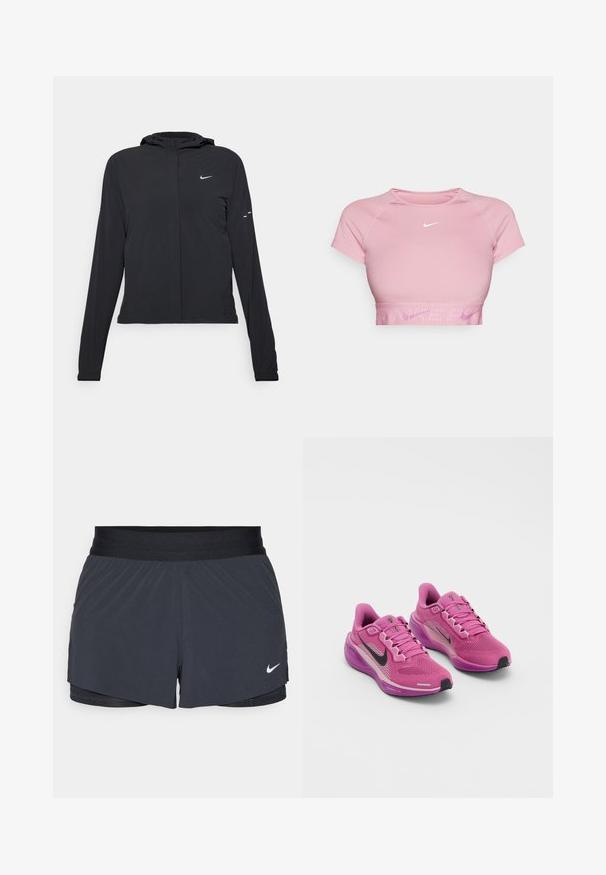 Veste à capuche noire avec des manches longues, fabriquée en matériau léger. Elle comporte une fermeture éclair à l'avant, un logo Nike et des accents de design subtils.; Crop top rose court avec des manches courtes, ourlet côtelé et un logo Nike blanc sur la poitrine. Tissu lisse avec un design ajusté.; Shorts de sport noirs avec une taille élastique, dotés d'un design superposé et d'un petit logo Nike blanc en bas à gauche. Matière légère.; Baskets de sport roses avec tige en tissu en maille, swoosh noir de Nike, col rembourré et semelle coussinée. Présentent des accents réfléchissants et des lacets.