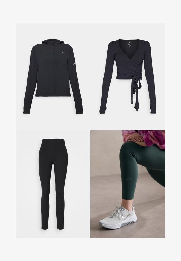 Czarna kurtka z kapturem, z długimi rękawami, wykonana z lekkiego materiału. Posiada zamek błyskawiczny z przodu, logo Nike oraz subtelne akcenty wzornicze.; Długi rękawowowy top typu wrap w ciemnoniebieskim materiale z dekoltem w serek, z wiązanym przodem i gładką teksturą.; Czarne legginsy z wysokim stanem, wykonane z elastycznego materiału. Gładka tekstura, zwężające się nogawki i brak widocznych szwów lub wzorów.; Biegowe buty Nike w jasnoszarym kolorze z teksturowanym wierzchem, szarymi akcentami i białą podeszwą, zestawione z ciemnozielonymi legginsami z logo.