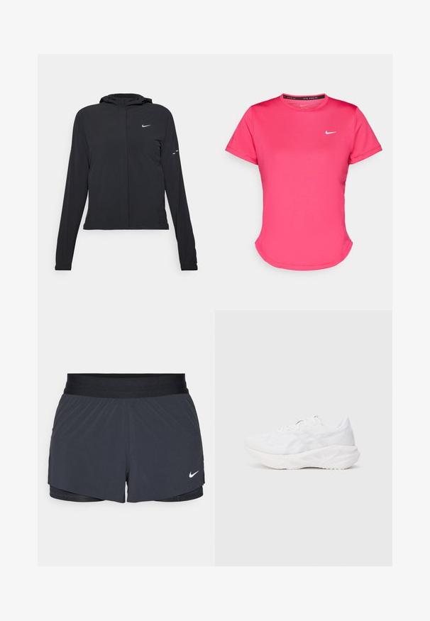 Juodas gobtuvas striukė su ilgomis rankovėmis, pagaminta iš lengvo audinio. Pasižymi priekiniais užtrauktukais, Nike logotipu ir subtiliais dizaino akcentais.; Šviesiai rožinė trumpų rankovių sportinė marškinė, pagaminta iš lygaus, lengvo audinio. Krūtinėje yra mažas baltas Nike logotipas ir subtilus išlenktas apatinis kraštas.; Juodos sportinės šortai su elastine talija, turintys sluoksniuotą dizainą ir mažą baltą Nike logotipą kairiajame apačioje. Lengvas audinys.; Balti sportiniai bateliai su kvėpuojančiu tinklinio viršumi ir paminkštintu padu, su tekstūruotu raštu ir minimalistišku dizaino akcentu.