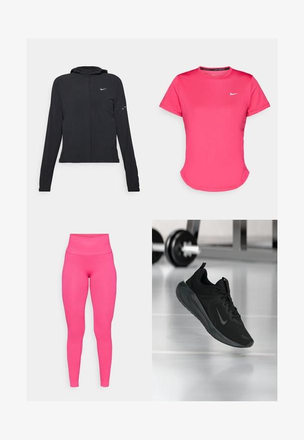 Juodas gobtuvas striukė su ilgomis rankovėmis, pagaminta iš lengvo audinio. Pasižymi priekiniais užtrauktukais, Nike logotipu ir subtiliais dizaino akcentais.; Šviesiai rožinė trumpų rankovių sportinė marškinė, pagaminta iš lygaus, lengvo audinio. Krūtinėje yra mažas baltas Nike logotipas ir subtilus išlenktas apatinis kraštas.; Ribotos rožinės leginsai su aukštu juosmeniu, turintys prigludusį fitą ir lygią tekstūrą. Dizainas pabrėžia elegantišką siluetą.; Juodas sportinis sportbačiai su Nike logotipu, pavaizduoti ore virš sporto salės grindų, fone išblurinta hantelių laikiklis.