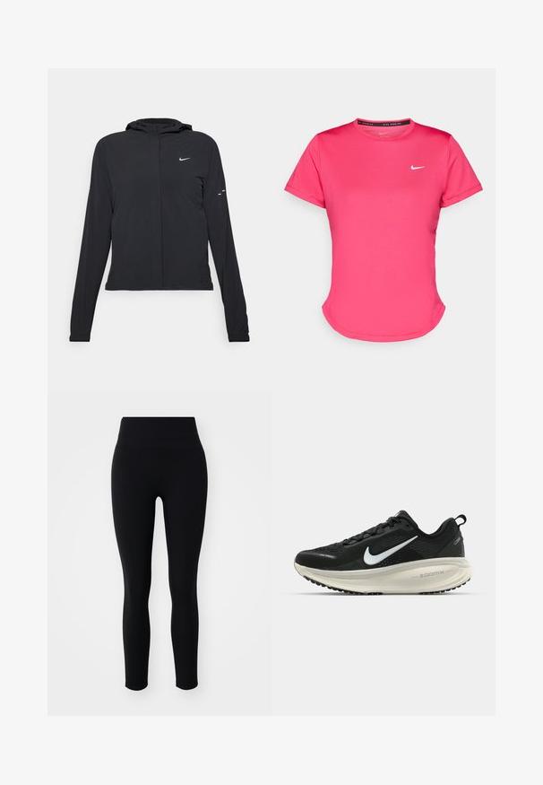 Čierna kapucňová bunda s dlhou rukávou, vyrobená z ľahkého materiálu. Má predný zips, logo Nike a jemné dizajnové akcenty.; Krátky rukáv ružového atletického trička vyrobeného z hladkej, ľahkej látky. Obsahuje malé biele logo Nike na hrudi a jemne zakrivený lem.; Čierne legíny vyrobené zo elastického materiálu, s vysokým pásom a hladkou textúrou, navrhnuté pre pohodlie a flexibilitu.; Čierne bežecké topánky Nike s priedušnou sieťovinou, bielym logom s symbolom swoosh, textúrovanými detailmi a krémovou ZoomX medzipodrážkou.