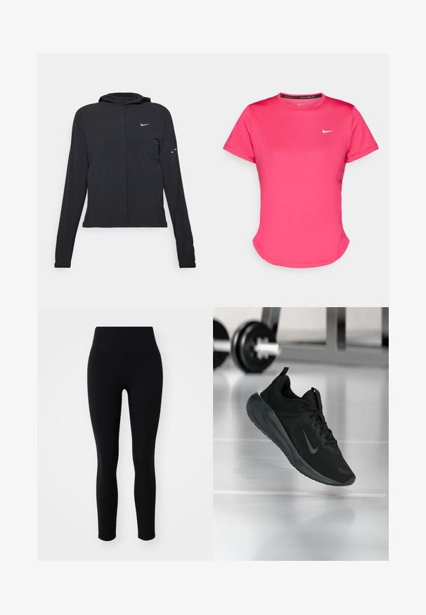 Must musta kapuutsiga jakk, millel on pikad varrukad ja mis on valmistatud kergetest materjalidest. Omab esitaskut, Nike logo ja kergelt silmatorkavaid disainiaktsente.; Lühikeste varrukatega roosa sportlik t-särk, mis on valmistatud siledast ja kergekaalulisest kangast. Esiküljel on väike valge Nike logo ja diskreetne kumer äär.; Mustad mustad, mis on valmistatud elastsetest kangast, kõrge pihaosa ja siledaga, on loodud mugavuseks ja paindlikkuseks.; Mustad mustang spordijalatsid Nike logo'ga, õhus spordisaali põrandal, häguste hantlite riiulitega taustal.