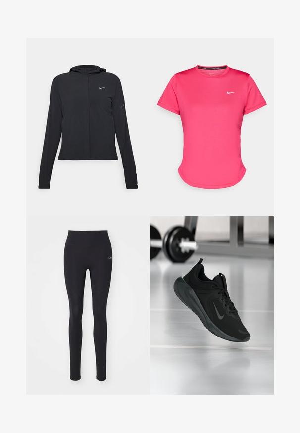 Crna jakna s kapuljačom i dugim rukavima, izrađena od laganog materijala. Ima prednji patentni zatvarač, Nike logo i suptilne dizajnerske detalje.; Roza majica kratkih rukava za sport od glatkog, laganog materijala. Ima mali bijeli Nike logo na prsima i suptilno zakrivljen rub.; Crne tajice izrađene od rastezljivog materijala, visoki struk, glatka tekstura, s detaljima šavova i malim logotipom.; Crna sportska tenisica s Nike logotipom, prikazana u zraku na podu teretane, s mutnom stalcem za bučice u pozadini.