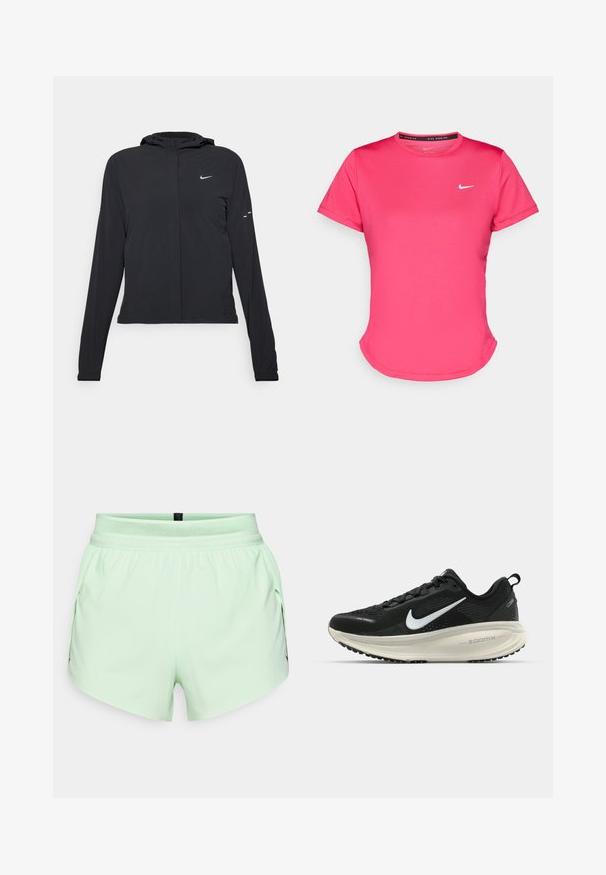 Svart hettegenser med lange ermer, laget av lett materiale. Har glidelås foran, Nike-logo og subtile design detaljer.; Kortermet rosa treningst-skjorte laget av et glatt, lett stoff. Har en liten hvit Nike-logo på brystet og en subtil buet hem.; Lys grønne treningsshorts med elastisk mesh-linning, sidelommer og buet kant for bevegelsesfrihet. Silkeaktig stofftekstur.; Svart Nike løpesko med pustende mesh-overdel, hvit swoosh-logo, teksturert detaljer og en kremfarget ZoomX mellomsåle.