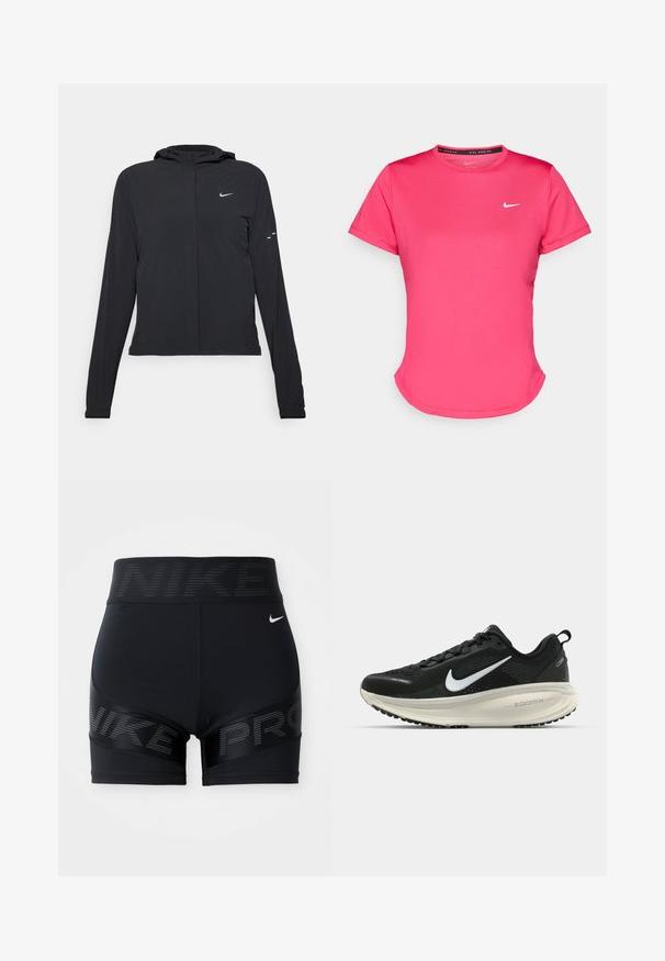 Giacca nera con cappuccio e maniche lunghe, realizzata in materiale leggero. Presenta una zip frontale, il logo Nike e accenti di design sottili.; T-shirt atletico rosa a maniche corte realizzato in un tessuto morbido e leggero. Presenta un piccolo logo Nike bianco sul petto e un orlo leggermente curvo.; Pantaloni sportivi neri con una fascia in vita ampia e il logo "NIKE", texture liscia e accenti riflettenti sui lati.; Scarpa da corsa nera Nike con tomaia in rete traspirante, logo Swoosh bianco, dettagli testurizzati e intersuola ZoomX di colore crema.