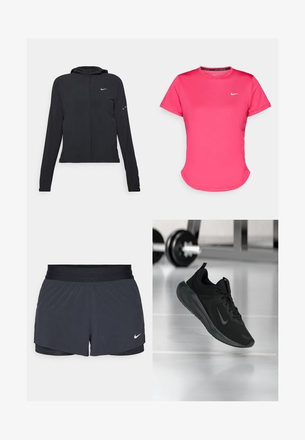 Black hooded jacket with long sleeves, made from lightweight material. Features a front zipper, a Nike logo, and subtle design accents.; Short-sleeve pink athletic t-shirt made of a smooth, lightweight fabric. Features a small white Nike logo on the chest and subtle curved hem.; Black athletic shorts with an elastic waistband, featuring a layered design and a small white Nike logo on the lower left. Lightweight material.; Black sports sneaker with Nike logo, shown mid-air on gym floor, with blurred dumbbell rack in background.