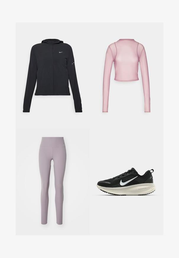 Svart hettegenser med lange ermer, laget av lett materiale. Har glidelås foran, Nike-logo og subtile design detaljer.; Langermet cropped topp laget av gjennomsiktig lys rosa stoff med høy hals og subtile sømmer på armene og kroppen. Jevn tekstur.; Nike Performance ZENVY - Tights - light violet ore/black; Svart Nike løpesko med pustende mesh-overdel, hvit swoosh-logo, teksturert detaljer og en kremfarget ZoomX mellomsåle.