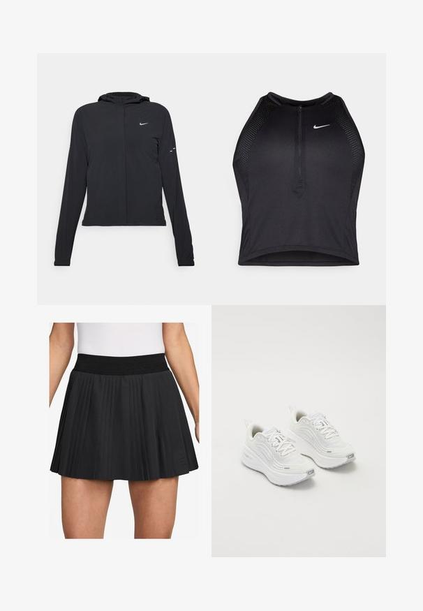 Svart hettegenser med lange ermer, laget av lett materiale. Har glidelås foran, Nike-logo og subtile design detaljer.; Svart idretts crop top med glidelås foran, mesh-detaljer og en figurvennlig design. Laget av elastisk, pustende materiale. Nike-logo på forsiden.; Svart plisserte skjørt med bred elastisk midjebånd. Laget av glatt stoff, har det vertikale folder og en liten logo på kanten.; Hvite joggesko med et teksturert mesh-overdel, polstret såle og subtile grå aksenter. Inkluderer merkevare og løkke på hælen for enkel påkledning.