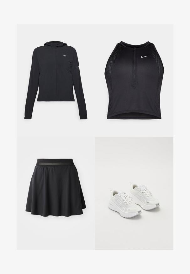 Chaqueta negra con capucha y mangas largas, hecha de un material ligero. Presenta un cierre frontal, un logo de Nike y acentos de diseño sutiles.; Top corto deportivo negro con cremallera frontal, detalles de malla y un diseño ajustado. Fabricado con tejido elástico y transpirable. Logo de Nike en la parte frontal.; Falda atlética negra con un diseño acampanado, cinturilla elástica con un acento de malla y un parche con logo en el lado inferior.; Zapatillas deportivas blancas con parte superior de malla texturizada, suela acolchada y sutiles acentos grises. Incluye un logotipo y una pestaña en el talón para facilitar su uso.