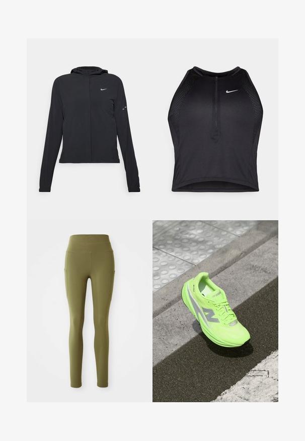 Melnā kapuci jaka ar garām piedurknēm, izgatavota no viegla materiāla. Tam ir priekšējais rāvējslēdzis, Nike logo un smalki dizaina akcenti.; Melnā sportiskā augšdaļa ar rāvējslēdzēju priekšpusē, acs akcenti un pieguloša dizaina. Izgatavota no elastīga, elpojoša auduma. Nike logo priekšpusē.; Olivza zaļa augsto jostasvīru legingi ar sānu kabatām un šuvju detaļām, izkārtoti plakni uz baltas fona.; Spilgti neona zaļie New Balance skrējēju apavi, kas atpūšas uz teksturētas asfaltas blakus taktilai pastaigas virsmai un malas malai.