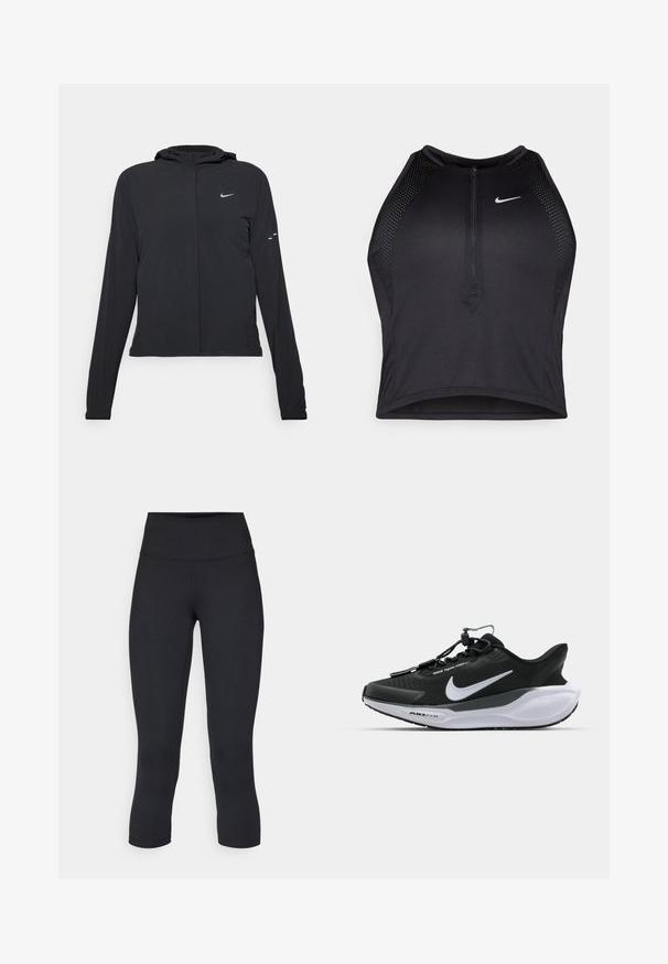 Černá kapucňová bunda s dlouhými rukávy, vyrobená z lehkého materiálu. Obsahuje přední zip, logo Nike a decentní designové akcenty.; Černý sportovní crop top se zipem vpředu, síťovými detaily a přiléhavým střihem. Vyrobený z elastického, prodyšného materiálu. Logo Nike na přední straně.; Černé zkrácené legíny vyrobené z pružné látky, s vysokým pasem a hladkou texturou, bez viditelných vzorů nebo kovových prvků.; Černé sportovní boty s texturovaným svrškem, kontrastním bílým logem a polstrovanou bílou podrážkou. Obsahují systém rychlého šněrování pro snadné obouvání.