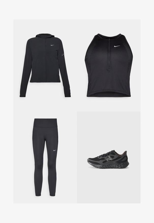 Fekete kapucnis dzseki hosszú ujjakkal, könnyű anyagból készült. Elülső cipzárral, Nike logóval és diszkrét dizájn elemekkel rendelkezik.; Fekete sportos crop top, elöl cipzárral, hálós kiegészítőkkel és testhez álló kialakítással. Rugalmas, lélegző anyagból készült. Nike logó elöl.; Fekete leggings elasztikus anyagból, magas derékkal és fehér Nike logóval a bal combon. Simább textúra, testhez álló kialakítás.; Fekete sportcipő hálós és szintetikus felsőrészével, kerek orrával, párnázott talpával és fűzőrendszerével. Kiemelkedő a texturált külsejével.