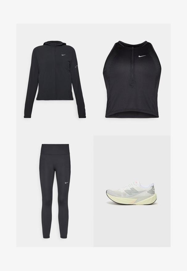 Melnā kapuci jaka ar garām piedurknēm, izgatavota no viegla materiāla. Tam ir priekšējais rāvējslēdzis, Nike logo un smalki dizaina akcenti.; Melnā sportiskā augšdaļa ar rāvējslēdzēju priekšpusē, acs akcenti un pieguloša dizaina. Izgatavota no elastīga, elpojoša auduma. Nike logo priekšpusē.; Melnas legingi, izgatavoti no elastīga auduma, ar augstu jostu un baltu Nike logotipu kreisajā augšstilbā. Gluda tekstūra, piegulošs dizains.; Viegls skriešanas apavs ar pelēku un baltu sietu augšdaļu, izteiktu 'N' logotipu un dzeltenu vidusdaļu ar slīpām akcentiem. Melna zole.