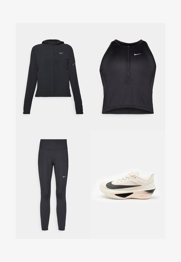 Fekete kapucnis dzseki hosszú ujjakkal, könnyű anyagból készült. Elülső cipzárral, Nike logóval és diszkrét dizájn elemekkel rendelkezik.; Fekete sportos crop top, elöl cipzárral, hálós kiegészítőkkel és testhez álló kialakítással. Rugalmas, lélegző anyagból készült. Nike logó elöl.; Fekete leggings elasztikus anyagból, magas derékkal és fehér Nike logóval a bal combon. Simább textúra, testhez álló kialakítás.; Fehér sportcipő fekete és rózsaszín középtalppal, textúrált felsőrésszel és kiemelkedő Nike logóval, fűzőkkel és párnázott bokarészel.