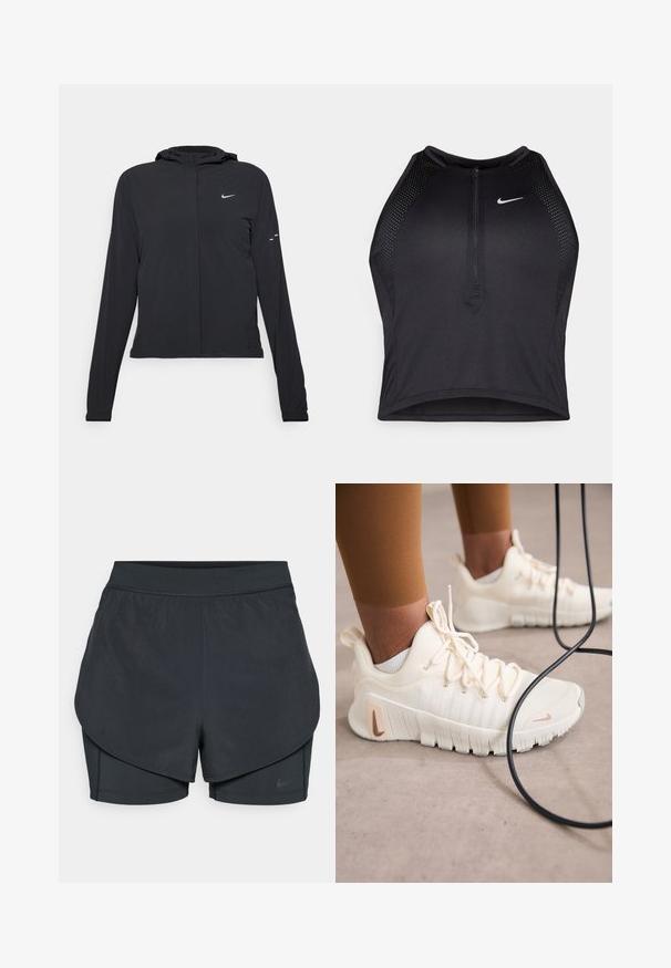Črna kapuča s dolgimi rokavi, izdelana iz lahkega materiala. Ima sprednji zadrgo, logotip Nike in subtilne oblikovne detajle.; Črn atletski kratki top z zadrgo spredaj, mrežastimi dodatki in prilegajočim dizajnom. Narejen iz raztegljivega, zračnega materiala. Logotip Nike spredaj.; Črne atletske kratke hlače z večplastnim dizajnom, ki vključuje gladko zunanjo plast in prilegnjene notranje kratke hlače. Narejene so iz lahkega, elastičnega materiala.; Nike Performance FREE METCON 6 - Trening copati - pale ivory/metallic red bronze/guava ice/sail/phantom/light orewood brown