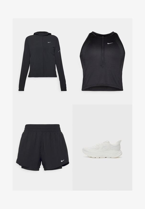 Casaco preto com capuz e mangas longas, feito de material leve. Apresenta um fecho dourado na frente, um logótipo da Nike e detalhes de design subtis.; Top cropped atlético preto com fecho à frente, acentos em malha e um design ajustado. Feito de tecido elástico e respirável. Logótipo da Nike na frente.; Calções atléticos pretos com um cós elástico franzido, forro interior e o logótipo da Nike em branco no lado inferior esquerdo. Tecido suave e leve.; Sapatilha de corrida branca com parte superior em malha texturizada, gola acolchoada, entressola espessa e sola em borracha. Apresenta detalhe do logotipo na lateral.