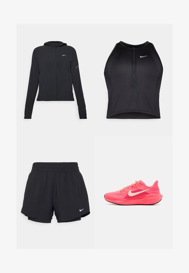 Črna kapuča s dolgimi rokavi, izdelana iz lahkega materiala. Ima sprednji zadrgo, logotip Nike in subtilne oblikovne detajle.; Črn atletski kratki top z zadrgo spredaj, mrežastimi dodatki in prilegajočim dizajnom. Narejen iz raztegljivega, zračnega materiala. Logotip Nike spredaj.; Črne športne pantalone z nabranim elastičnim pasom, notranjo podlogo in belim Nike logotipom na spodnji levi strani. Gladka, lahka tkanina.; Nike Performance AIR ZOOM PEGASUS 41 - Tekaški copati za cesto - pink