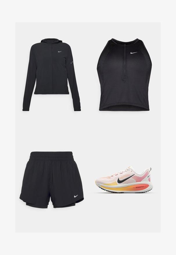 Mustassa hupparissa on pitkät hihat, ja se on valmistettu kevyestä materiaalista. Siinä on edessä vetoketju, Nike-logo ja hillityt muotoiluyksityiskohdat.; Musta urheilullinen crop-top, jossa on vetoketjukiinnitys, verkkokankaiset yksityiskohdat ja istuva malli. Valmistettu joustavasta ja hengittävästä kankaasta. Nike-logo edessä.; Mustat urheilushortsit, joissa on kootut joustovyötärö, vuori ja valkoinen Nike-logo vasemmassa alakulmassa. Suoraviivainen, kevyt kangas.; Nike Performance VOMERO 18 - Katujuoksukengät - white/black/bright crimson/laser orange/light crimson