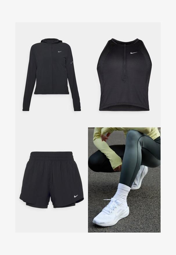 Zwarte kaptrui met lange mouwen, gemaakt van lichtgewicht materiaal. Voorzien van een ritssluiting aan de voorkant, een Nike-logo en subtiele ontwerpelementen.; Zwarte atletische crop top met een rits aan de voorkant, mesh accenten en een aansluitend ontwerp. Gemaakt van rekbare, ademende stof. Nike-logo aan de voorkant.; Zwarte sportshorts met een geraffineerde elastische tailleband, binnenvoering en wit Nike-logo aan de onderkant links. Soepele, lichte stof.; Witte sportieve schoenen met een bovenwerk van mesh, platte veters en een gevoerde zool, gecombineerd met donkergroene leggings en een lichtgele lange mouw top.