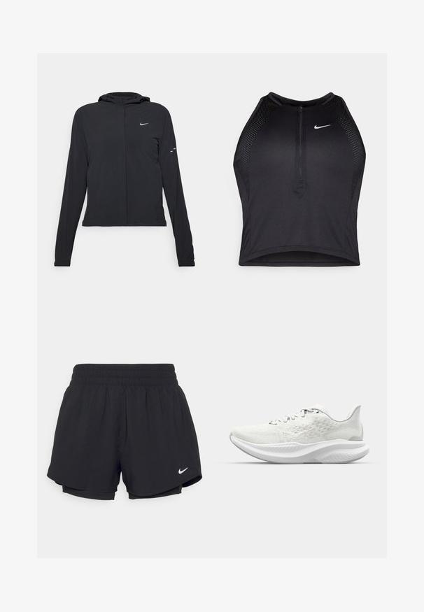 Casaco preto com capuz e mangas longas, feito de material leve. Apresenta um fecho dourado na frente, um logótipo da Nike e detalhes de design subtis.; Top cropped atlético preto com fecho à frente, acentos em malha e um design ajustado. Feito de tecido elástico e respirável. Logótipo da Nike na frente.; Calções atléticos pretos com um cós elástico franzido, forro interior e o logótipo da Nike em branco no lado inferior esquerdo. Tecido suave e leve.; Sapatos atléticos brancos com um upper texturizado, design de atacadores e uma sola almofadada com um perfil em forma de onda. Branding subtil na lateral.