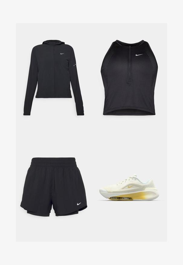 Czarna kurtka z kapturem, z długimi rękawami, wykonana z lekkiego materiału. Posiada zamek błyskawiczny z przodu, logo Nike oraz subtelne akcenty wzornicze.; Czarny sportowy crop top z zamkiem z przodu, z siateczkowymi akcentami i dopasowanym krojem. Wykonany z elastycznego, oddychającego materiału. Logo Nike z przodu.; Czarne spodenki sportowe z marszczonym elastycznym pasem, wewnętrzną podszewką i białym logo Nike w dolnym lewym rogu. Gładki, lekki materiał.; Nike buty sportowe w jasnożółtym i białym kolorze. Posiadają siateczkową cholewkę, wyściełany kołnierz oraz widoczną jednostkę Air Zoom w podeszwie. Teksturowana tkanina.