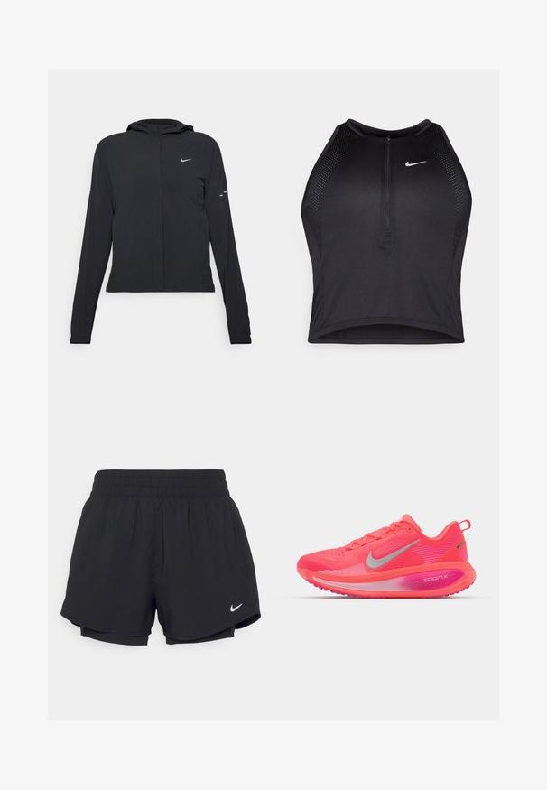 Melnā kapuci jaka ar garām piedurknēm, izgatavota no viegla materiāla. Tam ir priekšējais rāvējslēdzis, Nike logo un smalki dizaina akcenti.; Melnā sportiskā augšdaļa ar rāvējslēdzēju priekšpusē, acs akcenti un pieguloša dizaina. Izgatavota no elastīga, elpojoša auduma. Nike logo priekšpusē.; Melni sporta šorti ar savelkamu elastīgu jostasvietu, iekšējo oderi un baltu Nike logotipu kreisajā apakšējā stūrī. Gluda, viegla auduma.; Nike Performance VOMERO 18 - Apavi skriešanai pa asfaltu - bright crimson/white/hyper pink/pink foam