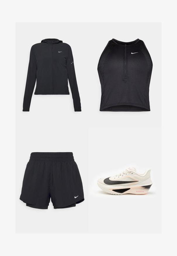 Svart hettegenser med lange ermer, laget av lett materiale. Har glidelås foran, Nike-logo og subtile design detaljer.; Svart idretts crop top med glidelås foran, mesh-detaljer og en figurvennlig design. Laget av elastisk, pustende materiale. Nike-logo på forsiden.; Svarte idrettsshorts med samlet elastisk midje, indre fôr og hvit Nike-logo nederst til venstre. Jevnt, lett stoff.; Hvite sportssko med svart og rosa såle, teksturert overdel og fremtredende Nike-svømmemerk, med lisser og polstret krage.