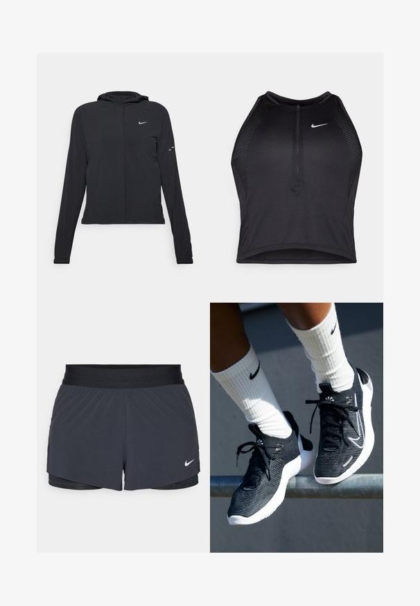 Czarna kurtka z kapturem, z długimi rękawami, wykonana z lekkiego materiału. Posiada zamek błyskawiczny z przodu, logo Nike oraz subtelne akcenty wzornicze.; Czarny sportowy crop top z zamkiem z przodu, z siateczkowymi akcentami i dopasowanym krojem. Wykonany z elastycznego, oddychającego materiału. Logo Nike z przodu.; Czarne szorty sportowe z elastycznym pasem, o warstwowej konstrukcji i małym białym logo Nike na dolnym lewym boku. Wykonane z lekkiego materiału.; Czarne sportowe buty z teksturowanym plecionym wierzchem, białą podeszwą środkową i czarnymi sznurówkami. Noszone z białymi skarpetkami prążkowanymi z logo.