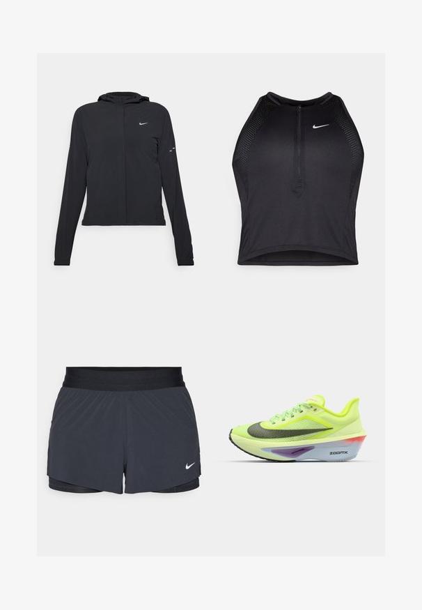 Jachetă neagră cu glugă, cu mâneci lungi, fabricată din material ușor. Dispune de un fermoar frontal, un logo Nike și accente de design subtile.; Top sportiv black, cu croială scurtă, cu fermoar în față, accente din plasă și un design ajustat. Fabricat dintr-un material elastic și respirabil. Logo-ul Nike pe față.; Shorts atletici negri, cu un elastic la talie, având un design stratificat și un mic logo alb Nike în partea stângă jos. Material ușor.; Tenis verde și galben pentru alergare, cu un superior din plasă, vârf rotunjit, accente negre și argintii, și un sole din spumă multicoloră cu marca "ZOOMX".