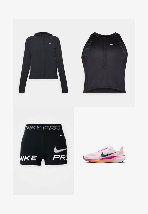 Czarna kurtka z kapturem, z długimi rękawami, wykonana z lekkiego materiału. Posiada zamek błyskawiczny z przodu, logo Nike oraz subtelne akcenty wzornicze.; Czarny sportowy crop top z zamkiem z przodu, z siateczkowymi akcentami i dopasowanym krojem. Wykonany z elastycznego, oddychającego materiału. Logo Nike z przodu.; Czarne sportowe szorty Nike Pro z białymi logo i napisem Nike na pasku oraz z przodu.; Białe buty biegowe z siateczkową cholewką, różowymi i pomarańczowymi akcentami, czarnym logo w kształcie łyżwy, gumową podeszwą i amortyzującą podeszwą środkową dla komfortu.