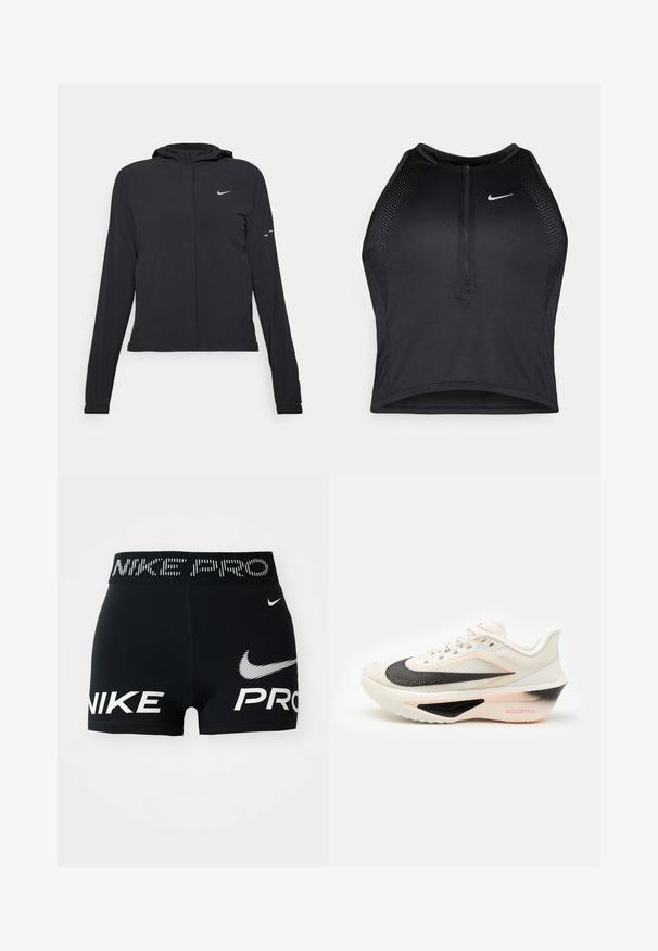 Svart huva jacka med långa ärmar, gjord av lätt material. Har en framdragare, en Nike-logotyp och subtila designelement.; Svart atletisk crop top med dragkedja framtill, nätdetaljer och en figurnära design. Tillverkad av elastiskt, andningsbart material. Nike-logga på framsidan.; Svarta Nike Pro träningsshorts med vita Nike-logotyper och text på midjebandet och fram.; Vit sportskor med en svart och rosa mellan sula, texturerad ovandel och framträdande Nike swoosh, med snören och vadderad krage.